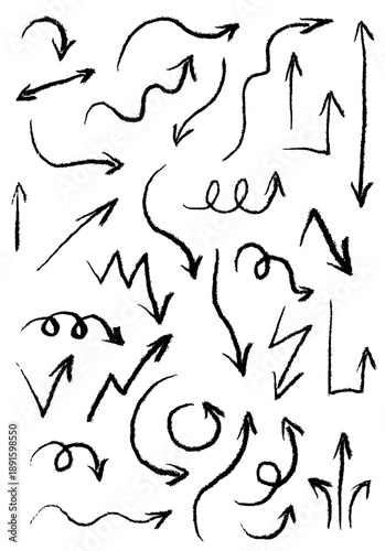 Chalk-style hand-drawn black arrows collection with wavy, zigzag, curved, looped, and straight designs. High-res PNG, sketch texture, infographics, presentations, creative, business, UI, design