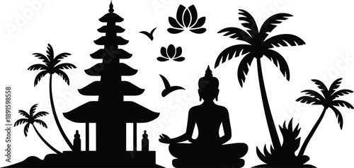 Bali, Meditation, Temple, Buddha, Spiritual, Yoga, Zen, Tropical, Island, Asia, Culture, Peace, Nature, Harmony, Silhouette, Palm, Lotus, Travel, Religion, Paradise