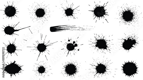 A collection of black ink splatters on a white background