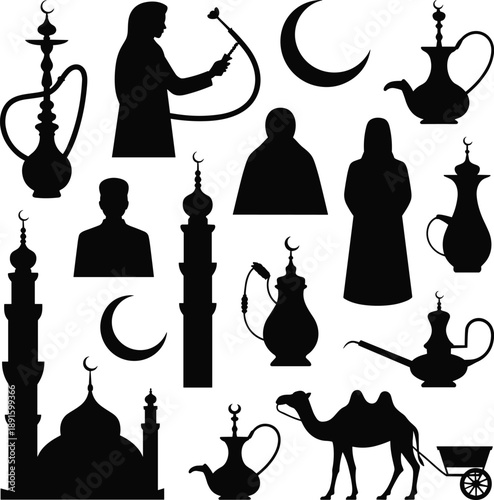 Islamic, Islam, Muslim, Arabic, Ramadan, Mosque, Minaret, Crescent, Lantern, Teapot, Hookah, Camel, Desert, Culture, Tradition, Religion, Silhouette, Icon, Vector, Illustration
