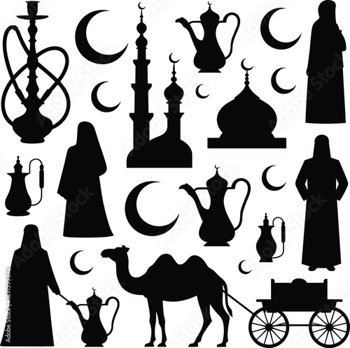 Islamic, Culture, Silhouette, Mosque, Crescent, Camel, Arabian, Tradition, Muslim, Religion, Ramadan, Eid, Heritage, MiddleEastern, Spiritual, Architecture, Symbol, Faith, Desert, Illustration