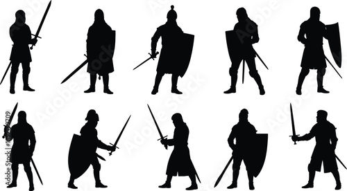 Medieval, Knight, Warrior, Soldier, Sword, Shield, Armor, Battle, Combat, Fighter, Infantry, Guard, Crusader, History, Ancient, Silhouette, Black, Vector, Set, Collection