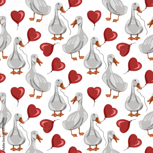 Seamless valentine pattern with cute cartoon geese and red hearts. Romantic hand drawn design for valentines cards, gift wrap, textiles and love decor.