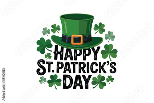 Happy Saint Patricks Day lettering with leprechaun hat and clover wreath, vector design for invitation, social media, banner, greeting print.