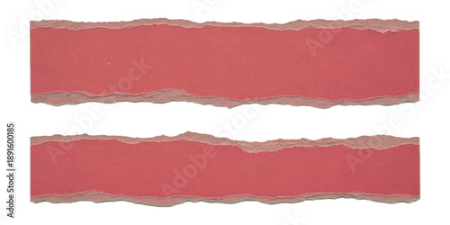 Two textured torn paper strips with rough edges in a pinkish-red hue, isolated on a white background, perfect for scrapbooking or design elements.