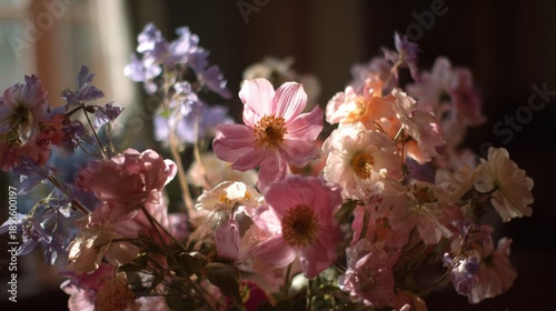 Vibrant bouquet of pink and purple flowers in warm afternoon light.