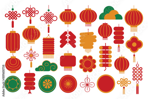 Chinese lantern garland, tassel knot, hanging decoration vector set for lunar new year party banner, background, festive illustration design