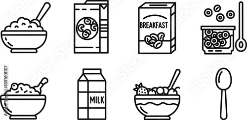 Cereal and milk breakfast icons