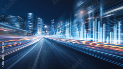 Futuristic Cityscape with Light Trails and Data Visualization