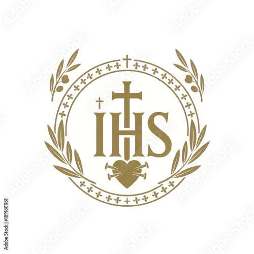 IHS Christogram with Sacred Heart and Cross in Laurel Wreath.