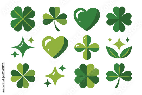 Saint Patricks Day shamrock and heart icon set vector for parade flyer, pub party invitation, green spring celebration graphics.