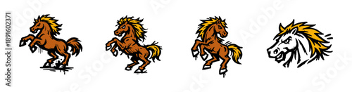 Set of four fierce horse illustrations featuring rearing stallions and a head profile in a bold hand-drawn graphic style.