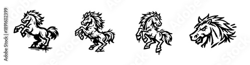 Set of black and white hand-drawn horse mascot illustrations, featuring powerful rearing stallions and a horse head in a graffiti stencil style.