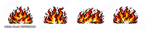 Set of hand-drawn fire and flame illustrations in a vibrant comic style, isolated on a white background.