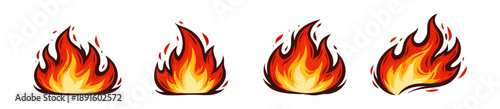 A set of four vibrant, hand-drawn stylized fire flame illustrations in warm red, orange, and yellow tones isolated on a white background.