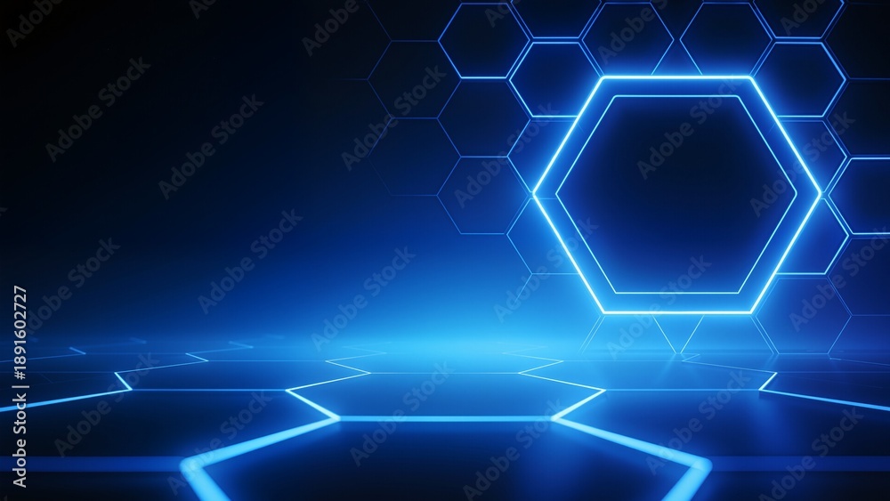 Obraz premium Blue neon hexagon pattern on dark background