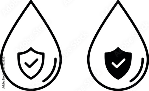 Water drop shield outline and filled water drop shield check mark