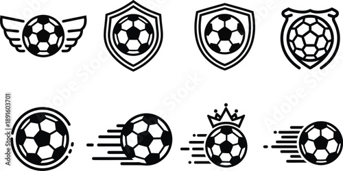 Collection of soccer ball logos and icons with shields wings and motion effects