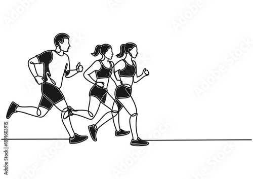 Continuous line art illustration featuring three individuals running together