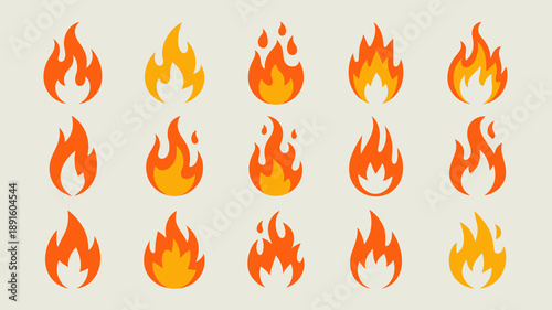A collection of vibrant orange and yellow flame icons are displayed against a plain light beige background showcasing various fire shapes high quality professional detailed modern