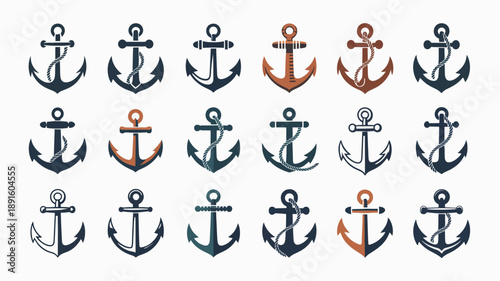 A collection of nautical anchors is displayed in varying styles and colors predominantly navy and orange arranged in a grid pattern high quality professional detailed modern