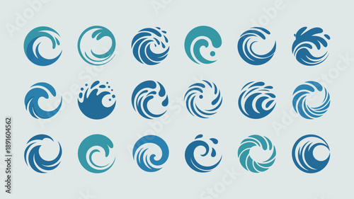 A collection of stylized circular wave designs in shades of blue are arranged in a grid pattern on a light background high quality professional detailed modern
