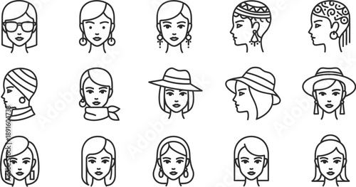 Illustrations of women with various hairstyles and headwear