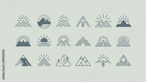 A collection of minimalist mountain and sun icons are arranged in a grid pattern on a light muted green background high quality professional detailed modern elegant