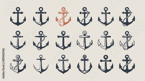 A collection of vintage style anchors is displayed in varying shades of black and a single orange red hue arranged in a grid pattern high quality