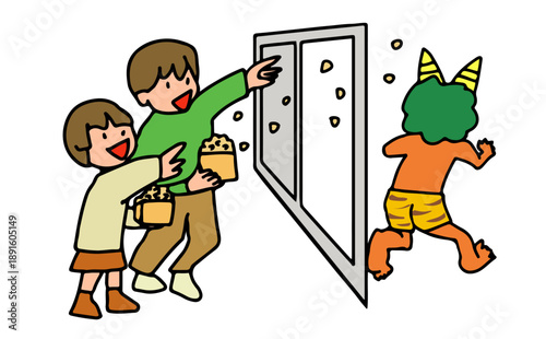 豆まきと逃げる鬼のイラスト/Illustration of bean-spraying and fleeing ogre