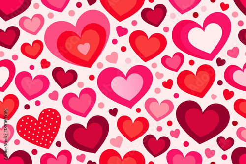 Cute red, pink hearts seamless pattern. Lovely romantic background for Valentine's Day, Mother's Day, wedding. Suitable for wrapping paper, postcards, invitations.