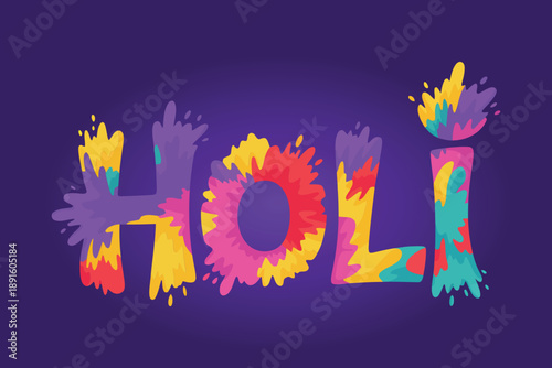 Holi paint stroke typography on purple background, creative color splash lettering for Indian festival poster, party banner, digital invitation design