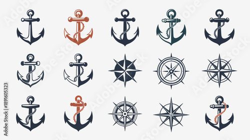 An assortment of nautical elements are displayed featuring various anchor designs alongside detailed compass roses and steering wheels high quality professional modern elegant stylish clean crisp