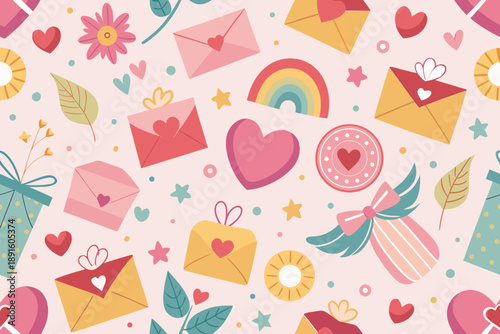 Vector seamless pattern with hearts, envelope, rainbow, arrows and gifts. Lovely romantic background for Valentine's Day, Mother's Day, wedding. Suitable for wrapping paper, postcards, invitations.