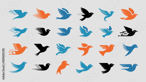 A collection of stylized bird silhouettes in varying shades of blue orange and black depicting flight and movement high quality professional detailed modern elegant stylish clean