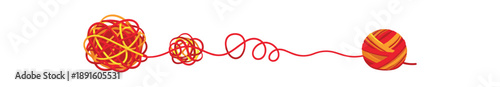 colored flat icon vector illustration isolated on white background tangled yarn ball next to slowly untangled straight thread step by step recovery journey