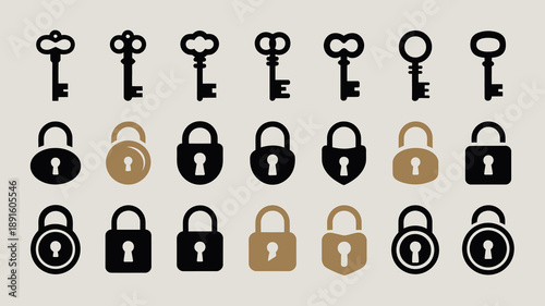 An assortment of vintage keys and padlocks are displayed in varying shades of gold and black arranged in neat rows high quality professional detailed modern elegant