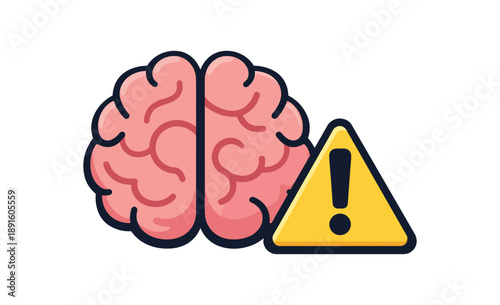 colored flat icon vector illustration isolated on white background simple brain icon with small warning triangle next to exclamation mark crisis warning signs
