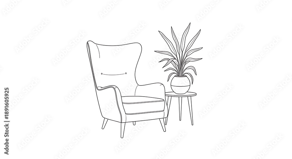 Fototapeta premium Wingback Chair with Potted Plant on Side Table