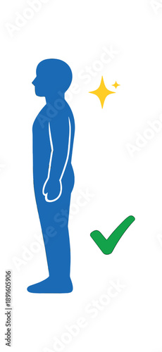 full color flat icon person silhouette standing tall next to alignment line tiny sparkle showing good posture check