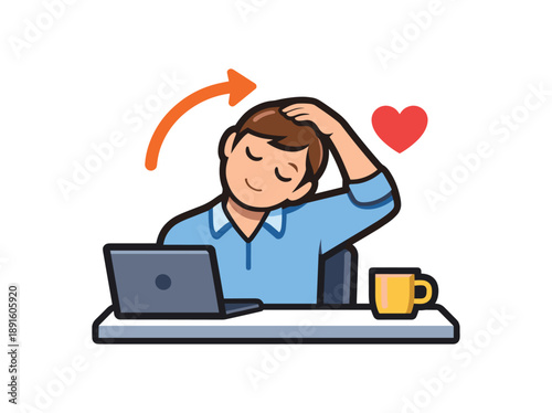full color flat icon neck stretch at desk hand resting on head tilt arrow and tiny heart icon for tension relief