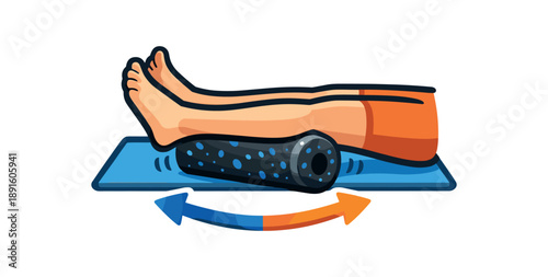 full color flat icon foam roller under calf muscles legs extended on mat tiny arrow showing slow rolling for leg relief