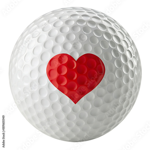Golf ball with glossy red heart shape 3D texture isolated on white background love sports concept