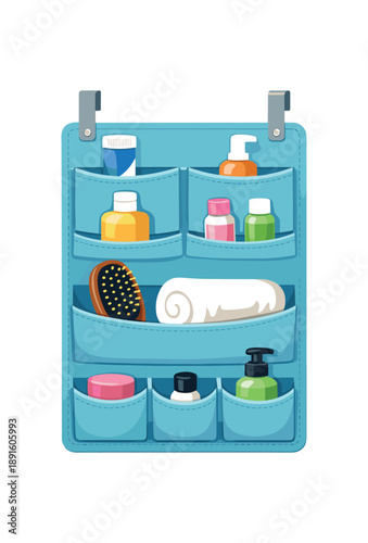 colored flat icon vector illustration isolated on white background over the door organizer with pockets filled with toiletries hairbrush and small bottles bathroom saver