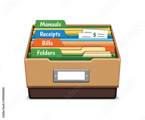 colored flat icon vector illustration isolated on white background file box with folders bills receipts manuals each tab labeled