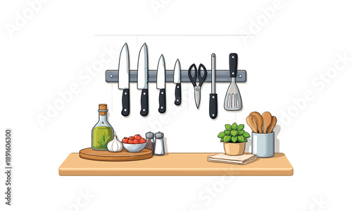 colored flat icon vector illustration isolated on white background magnetic strip on holding knives and metal tools clear countertop