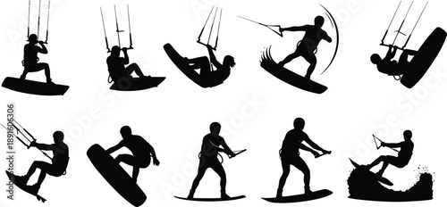 Collection of kitesurfing silhouettes performing jumps, tricks and dynamic moves, extreme water sports action set isolated on white background for stock illustration