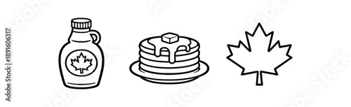 black and white outline canadian maple syrup bottle pancake stack maple leaf