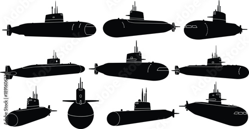 Collection of modern submarine silhouettes in multiple angles and designs, naval military underwater vehicles set isolated on white background for stock illustration