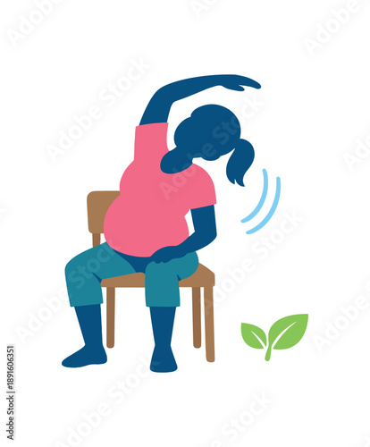 full color flat icon pregnant silhouette doing gentle side stretch seated on chair tiny leaf icon safe soft motion